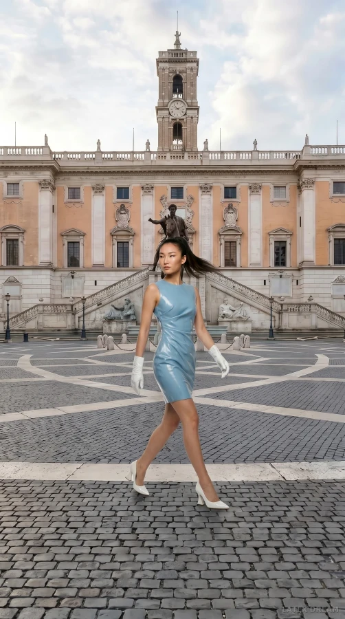 Arie in ice blue piazza walk latex, AI-generated fashion visual 3