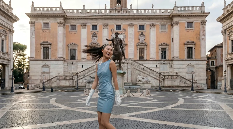 Arie in ice blue piazza walk latex, AI-generated fashion visual 4