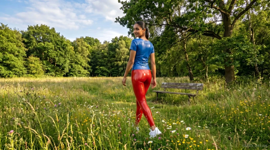 Alina in latex in the forest, AI-generated fashion visual 3