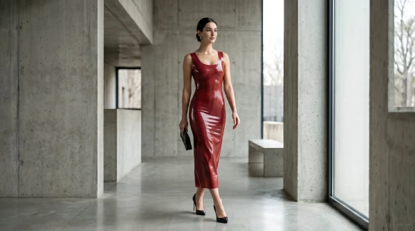 Noa in deep red latex concrete, AI-generated fashion visual 6