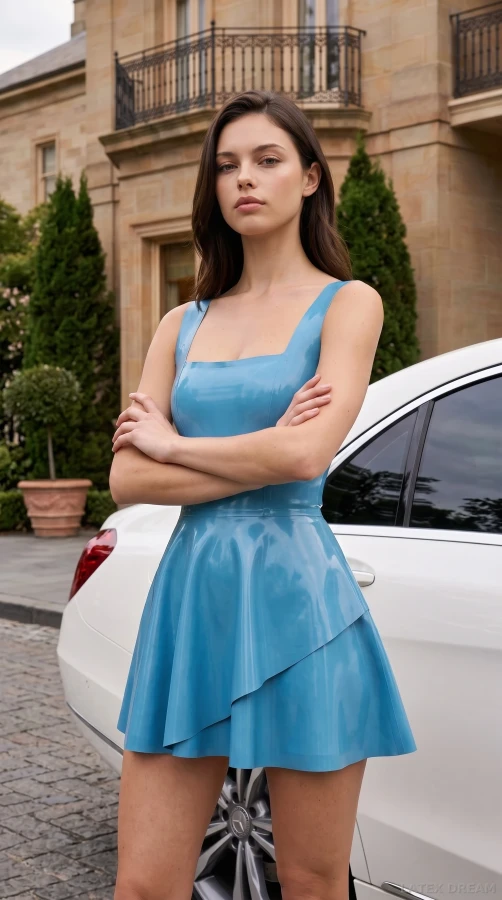 Ylva in sky blue latex mini dress luxury hotel editorial, AI-generated fashion visual 4