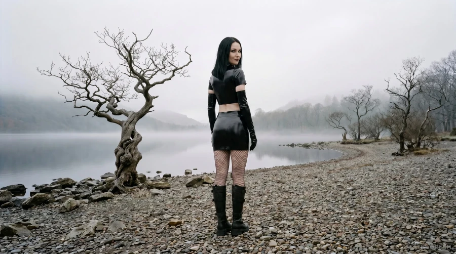 Elin in black latex by the misty lake, AI-generated fashion visual 4