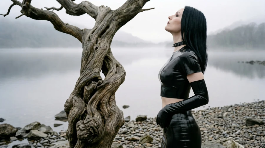 Elin in black latex by the misty lake, AI-generated fashion visual 2