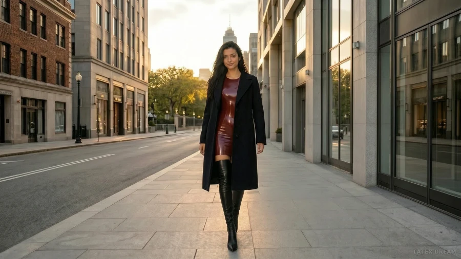 Nora in oxblood latex street, AI-generated fashion visual 5