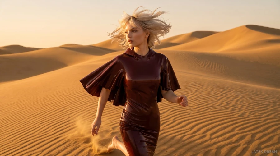 Seraphina in oxblood dune latex, AI-generated fashion visual 3