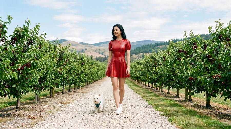 Vika in cherry red latex mini dress orchard editorial, AI-generated fashion visual 2