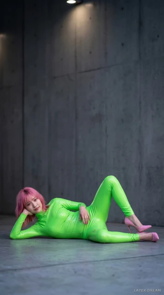 Aiko in green latex, AI-generated fashion visual 6