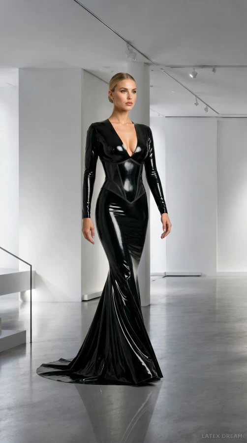 Enya in noir latex gallery, AI-generated fashion visual 3