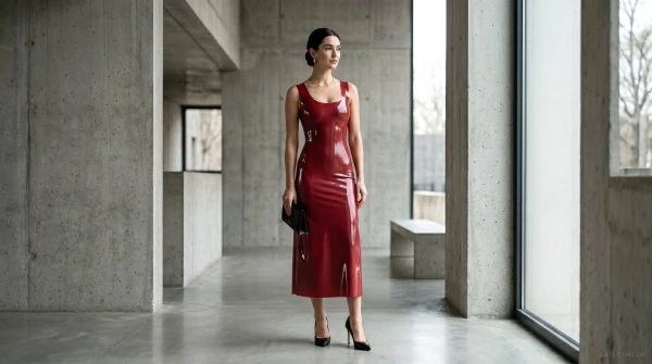 Noa in deep red latex concrete, AI-generated fashion visual 2