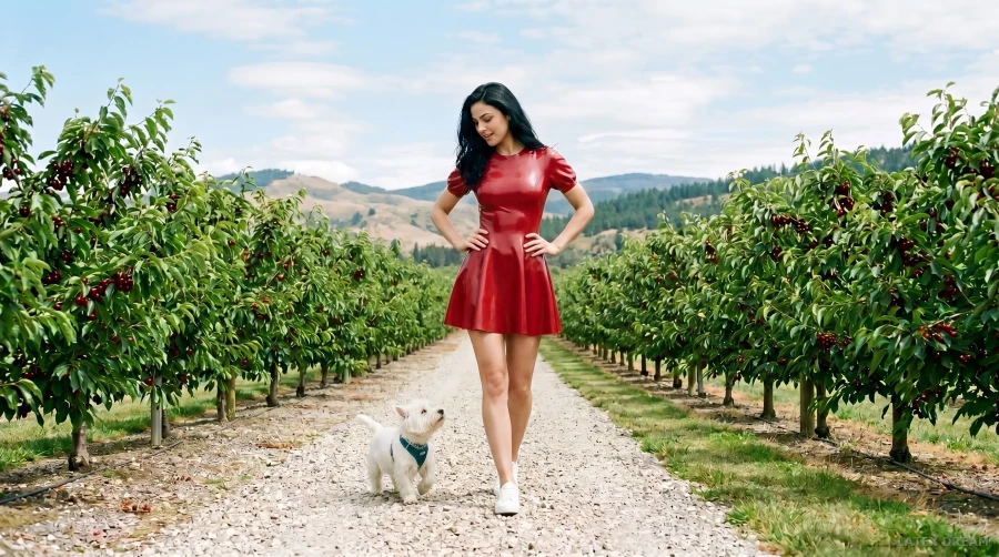 Vika in cherry red latex mini dress orchard editorial, AI-generated fashion visual 3