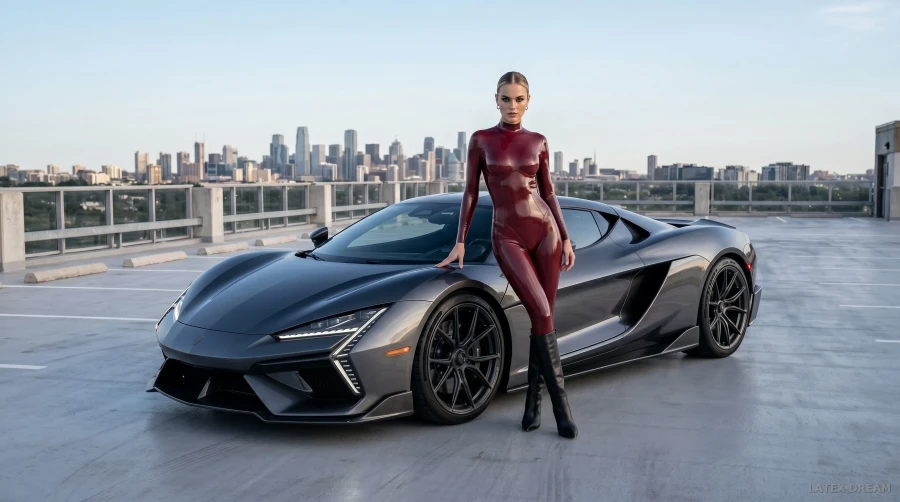 Cara in burgundy latex and gunmetal supercar, AI-generated fashion visual 2