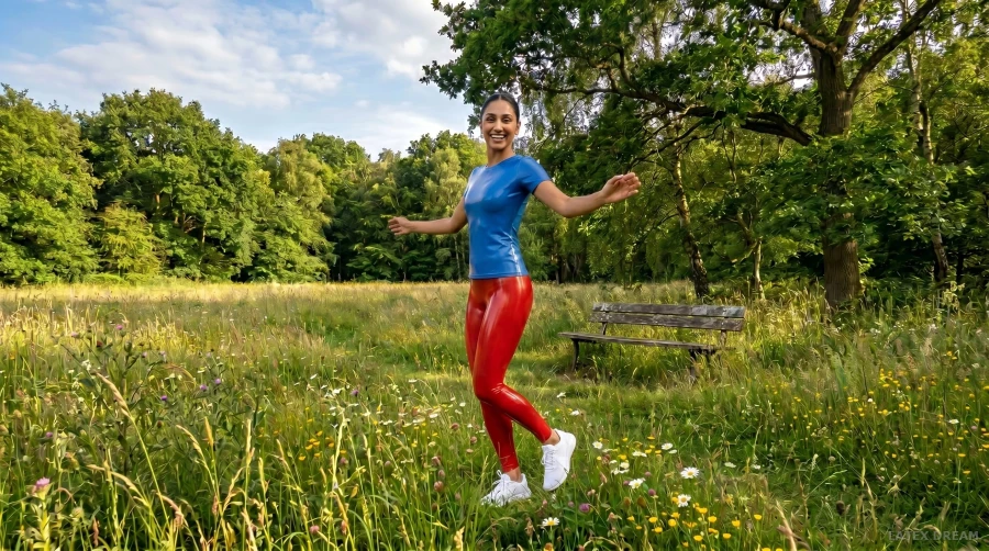 Alina in latex in the forest, AI-generated fashion visual 2