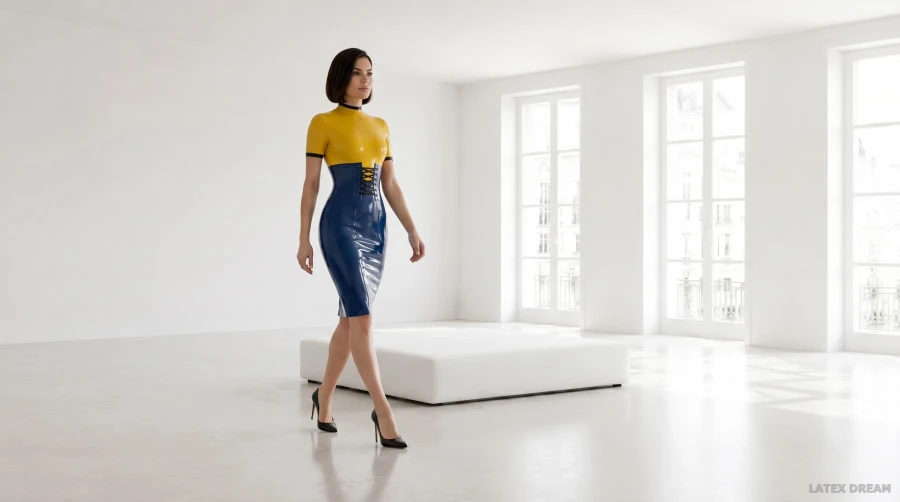 Lana in yellow cobalt latex studio light, AI-generated fashion visual 3