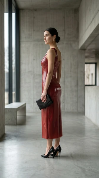 Noa in deep red latex concrete, AI-generated fashion visual 4