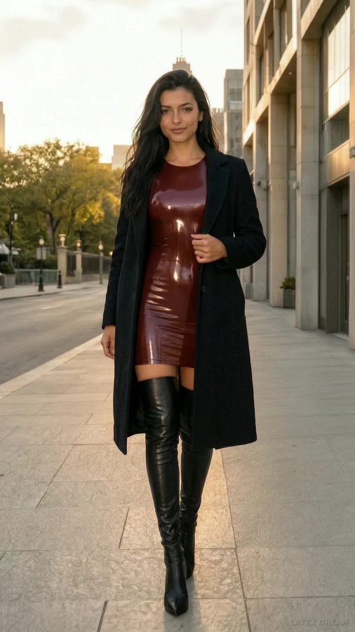Nora in oxblood latex street, AI-generated fashion visual 4