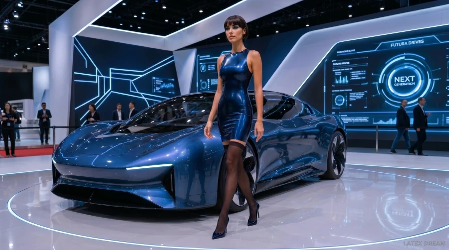 Elara in electric blue mobility latex, AI-generated fashion visual 4