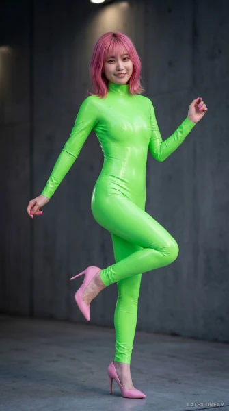 Aiko in green latex, AI-generated fashion visual 9