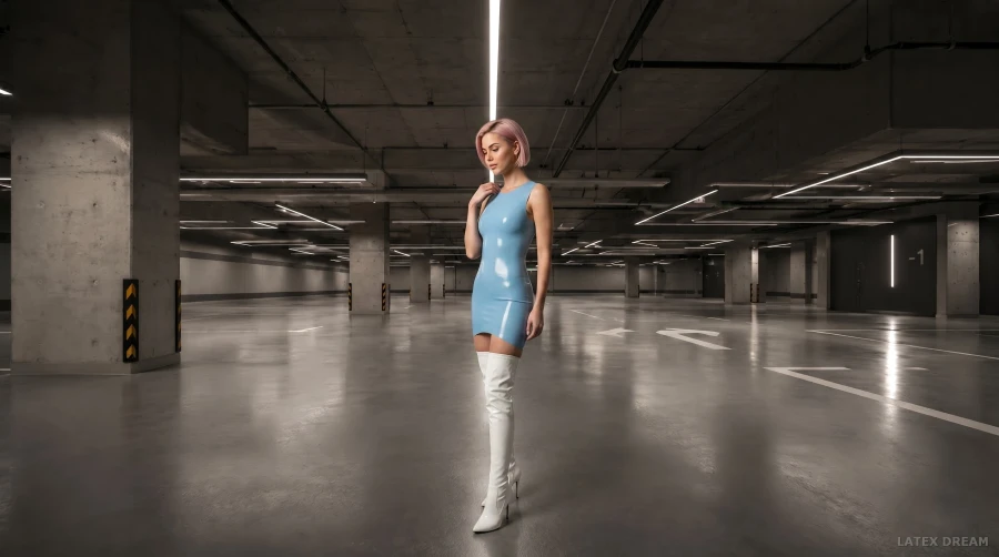 Alia in latex mini dress & high boots garage editorial, AI-generated fashion visual 3