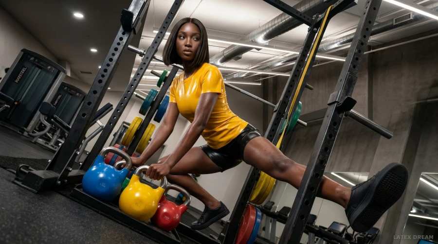 Aina in yellow pulse gym latex, AI-generated fashion visual 3