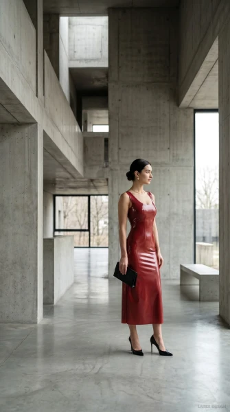 Noa in deep red latex concrete, AI-generated fashion visual 3