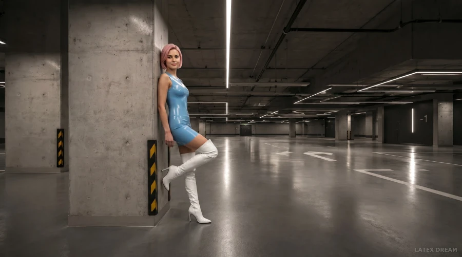 Alia in latex mini dress & high boots garage editorial, AI-generated fashion visual 4