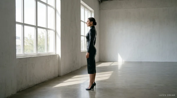 Mira in black latex dress, AI-generated fashion visual 6