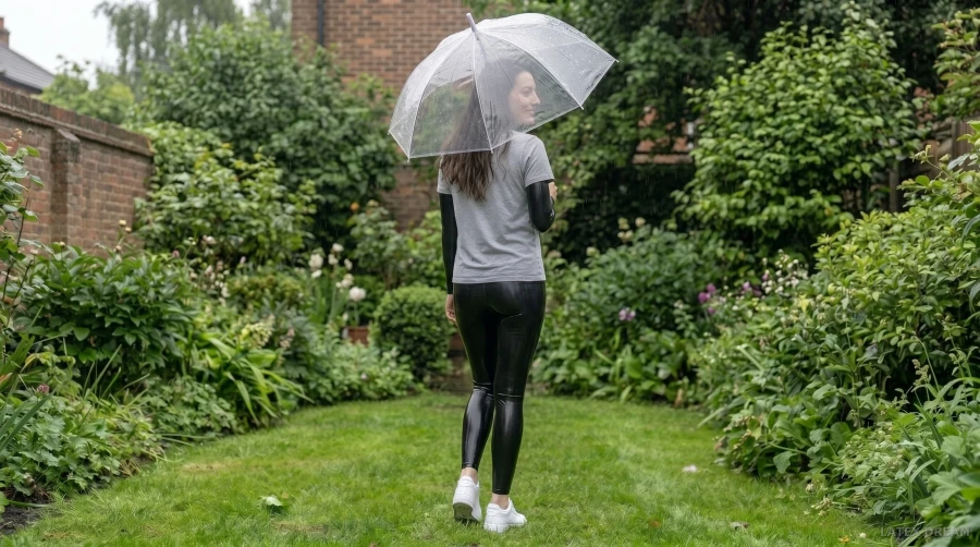 Lina in black latex rain garden, AI-generated fashion visual 6