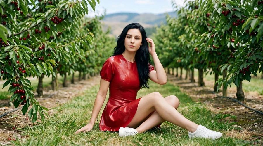 Vika in cherry red latex mini dress orchard editorial, AI-generated fashion visual 4