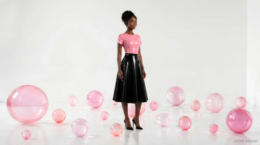 Sia in pink black latex sphere studio, AI-generated fashion visual 4