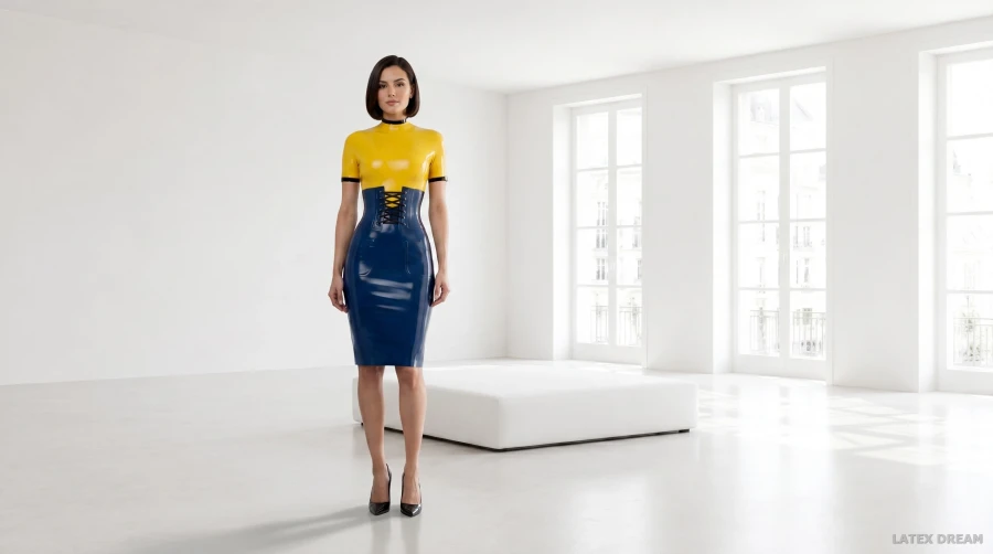 Lana in yellow cobalt latex studio light, AI-generated fashion visual 2