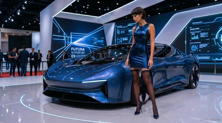 Elara in electric blue mobility latex, AI-generated fashion visual 7