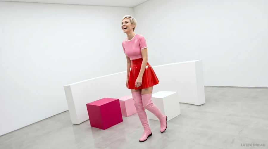 Cleo in pink latex top & red mini skirt with thigh-high boots, AI-generated fashion visual 2