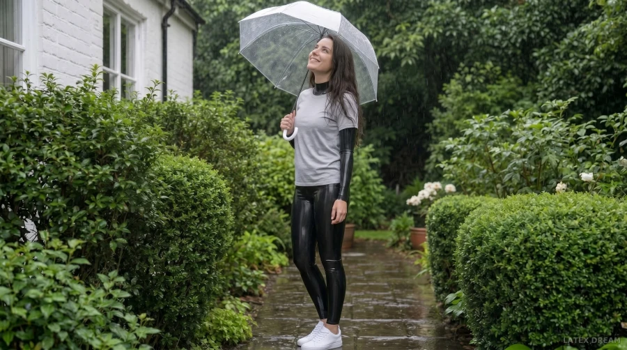 Lina in black latex rain garden, AI-generated fashion visual 2