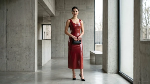 Noa in deep red latex concrete, AI-generated fashion visual 11
