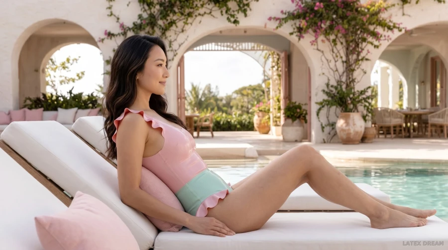 Lumi in pastel latex poolside, AI-generated fashion visual 5
