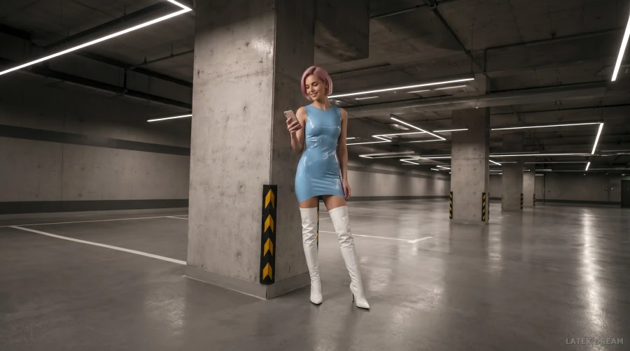 Alia in latex mini dress & high boots garage editorial, AI-generated fashion visual 2