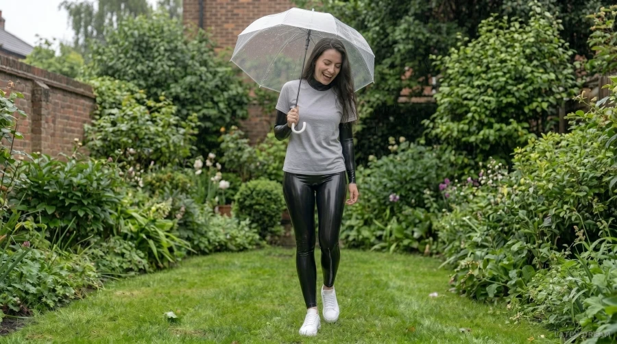 Lina in black latex rain garden, AI-generated fashion visual 7