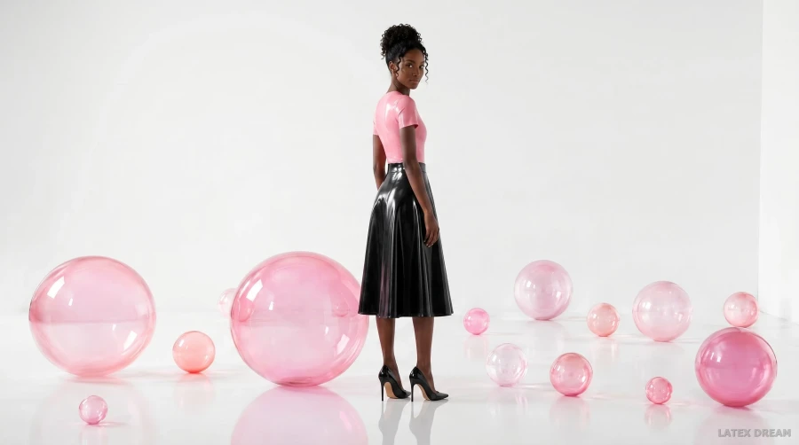 Sia in pink black latex sphere studio, AI-generated fashion visual 3