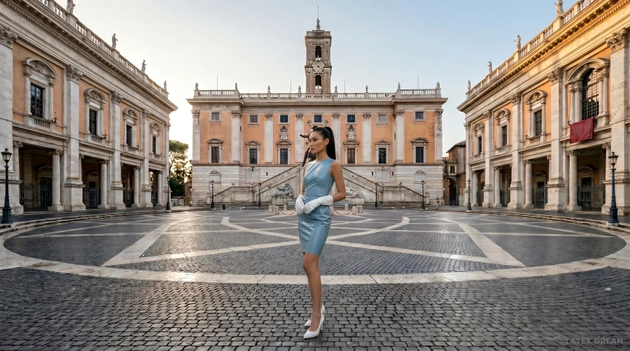 Arie in ice blue piazza walk latex, AI-generated fashion visual 6