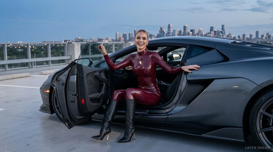 Cara in burgundy latex and gunmetal supercar, AI-generated fashion visual 4