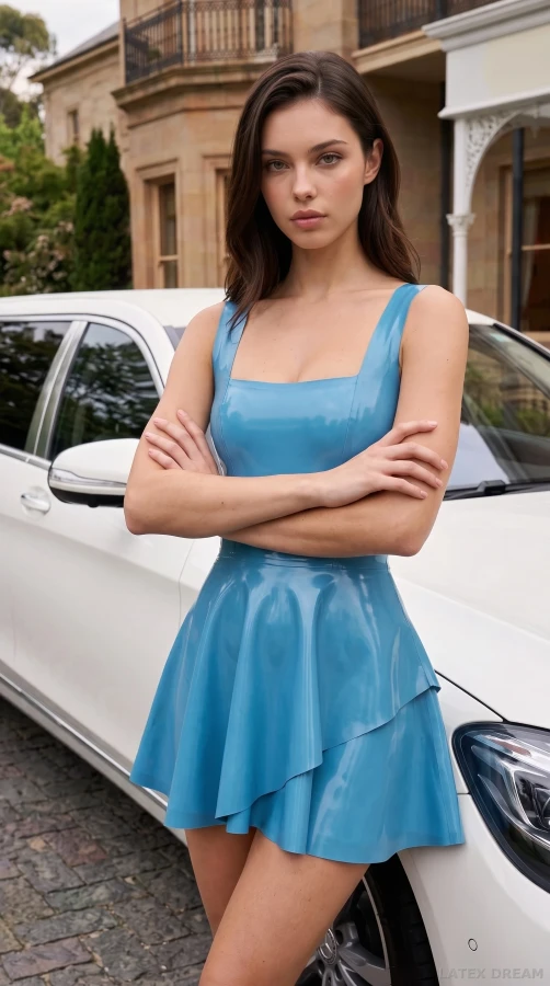 Ylva in sky blue latex mini dress luxury hotel editorial, AI-generated fashion visual 20