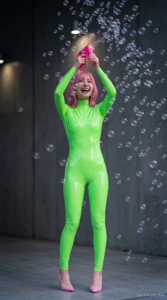 Aiko in green latex, AI-generated fashion visual 15