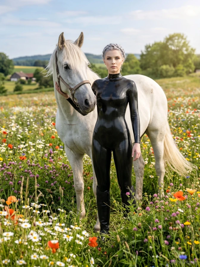 Selene in black latex meadow horse portrait, AI-generated fashion visual 2