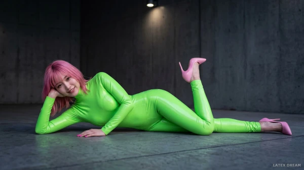 Aiko in green latex, AI-generated fashion visual 5