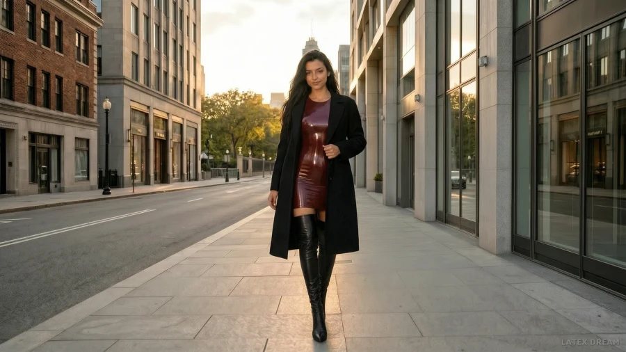 Nora in oxblood latex street, AI-generated fashion visual 2