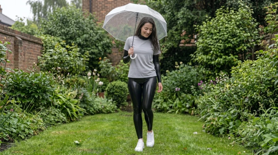 Lina in black latex rain garden, AI-generated fashion visual 4