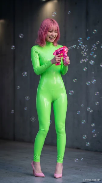 Aiko in green latex, AI-generated fashion visual 13