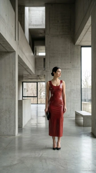 Noa in deep red latex concrete, AI-generated fashion visual 5