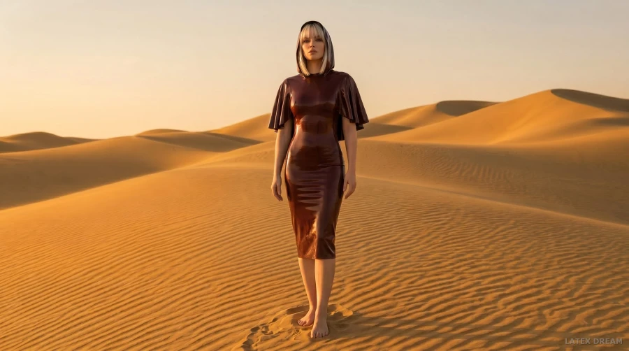 Seraphina in oxblood dune latex, AI-generated fashion visual 2