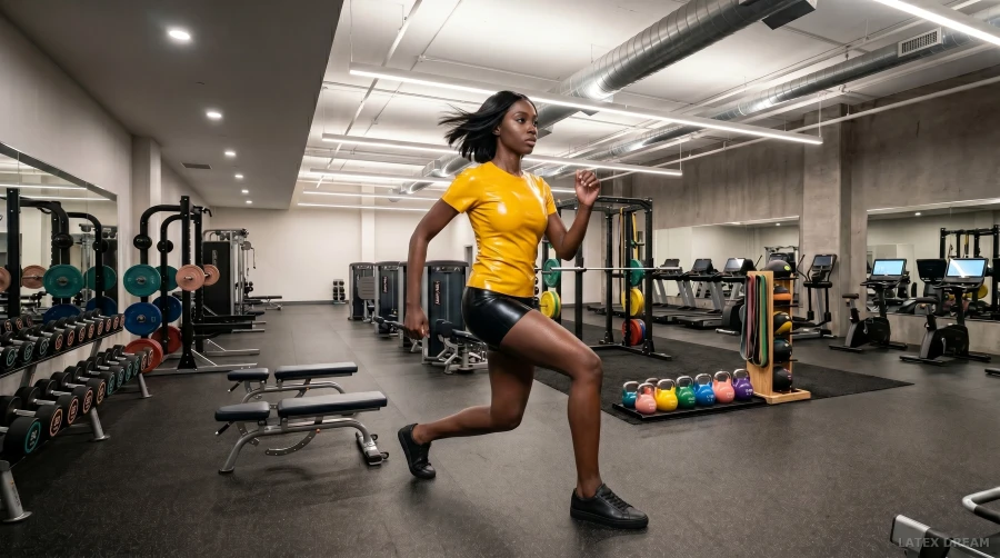 Aina in yellow pulse gym latex, AI-generated fashion visual 2